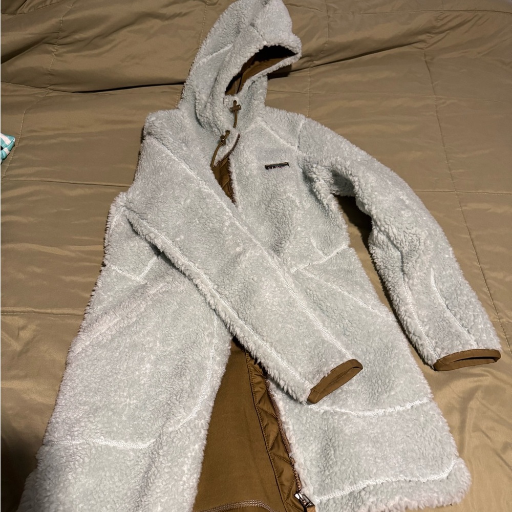 LLBean Mountain Fleece Hooded Jacket in Seafoam & Camel